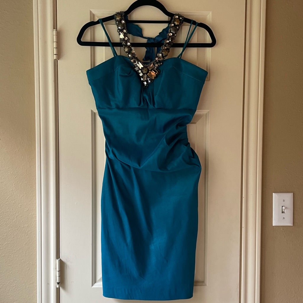 Badgley Mischka Teal Halter Dress With Jewel Neckline - Size 6